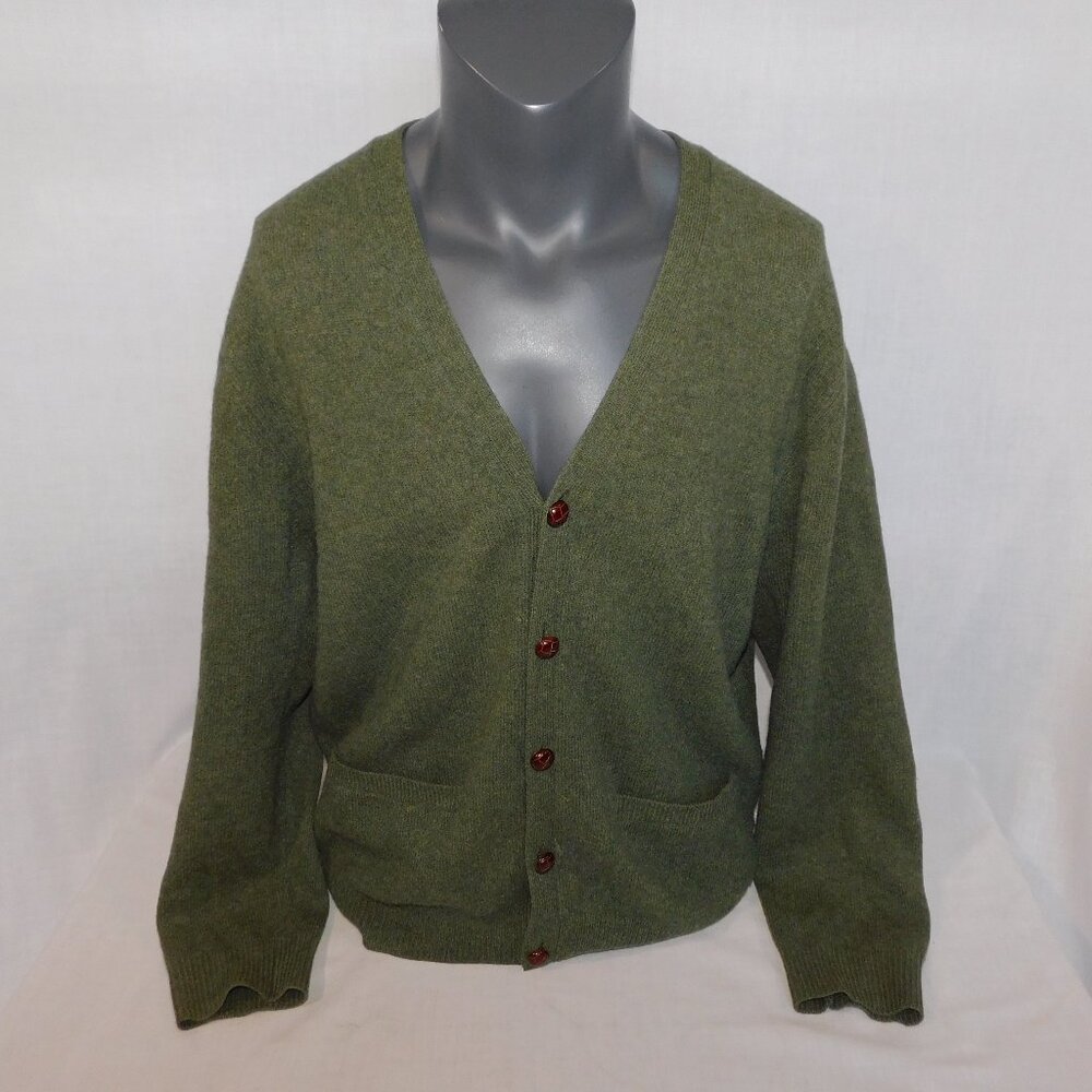 Grant Thomas Mens XL Green V neck 100% Wool Cardigan Grandpa Sweater - Picture 1 of 12